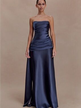 Meshki Sarah Dress: Strapless Navy Satin Ruched Evening Gown
